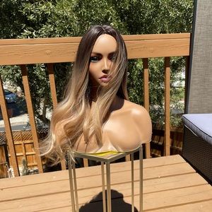 Dark root golden blonde human synthetic blend wig